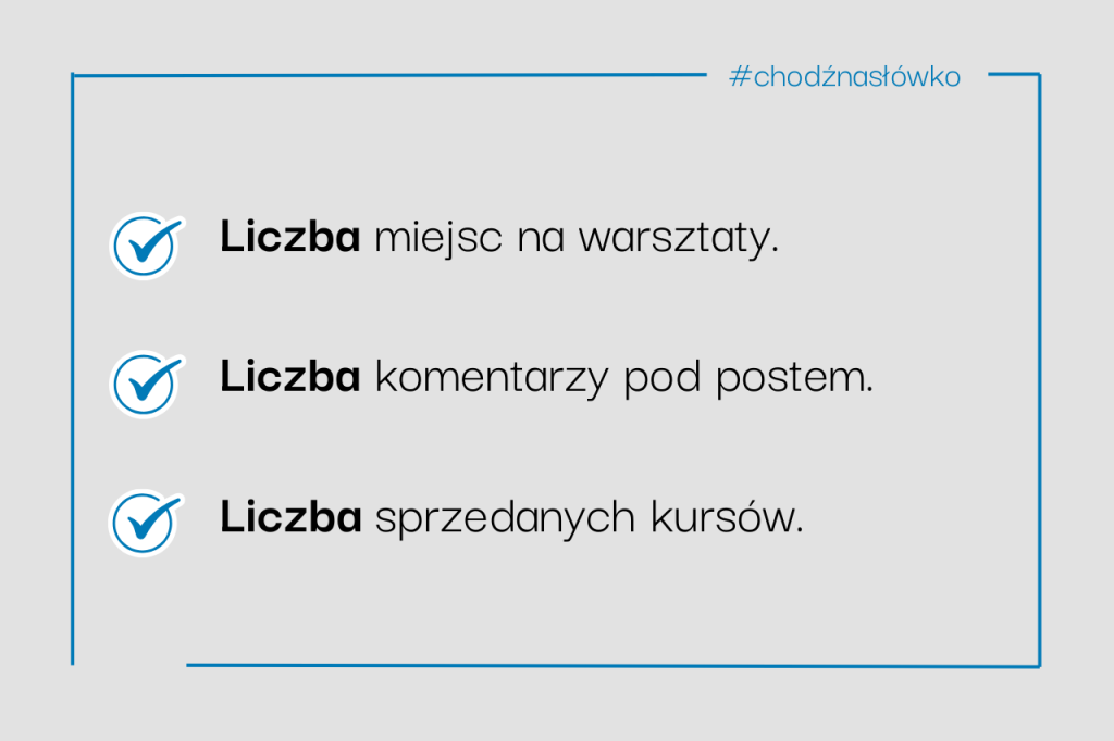Grafika edukacyjna wyliczająca poprawne użycie słowa liczba: liczba miejsc na warsztaty, liczba komentarzy i liczba sprzedanych kursów.
