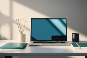 Minimalistyczne biurko z laptopem i notesami, symbolizujące uporządkowane zaplecze i spójność marki.