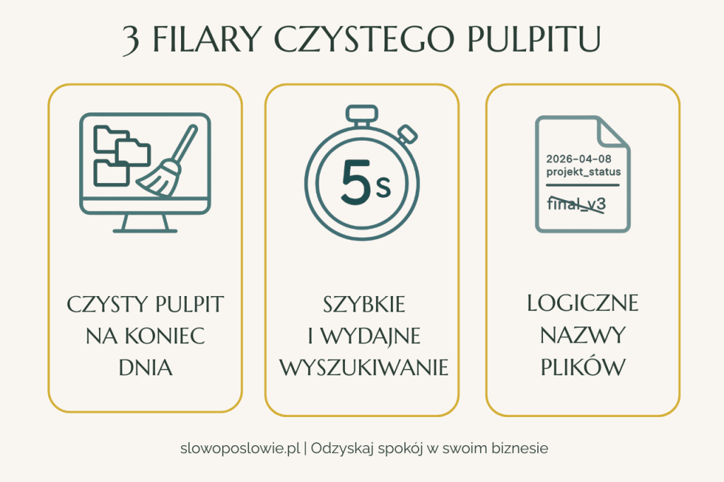 Infografika 3 filary czystego pulpitu 1. Czysty pulpit na koniec dnia, 2. Szybkość wyszukiwania dzięki strukturze folderów, 3. Logiczne nazwy plików z datami.