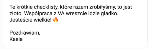 Opinia klientki o krótkich instrukcjach i checklistach, które usprawniły współpracę z wirtualną asystentką