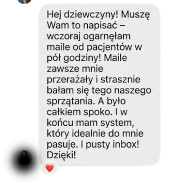 Wiadomość od klientki Słowo po Słowie o uporządkowanej skrzynce mailowej i systemie na maile od pacjentów